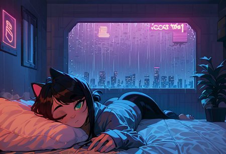 score_9,score_8_up,score_7_up,score_6_up, 1girl, 
 sitting in bed next to a large window, holding coffee cup, steaming coffee cup on windowsill, wearing croptop hoodie, black croptop hoodie, long hair, black hair, low ponytail hairstyle, pov from outside, view from putside the window looking into the room, looking out window, head resting on pillow laying on the bed, hoodie, plants on the windowsill, looking out the window, looking at viewer, background is the bedroom, tidy bedrrom, small room, cramped bedroom, teddies on the bed,, wearing legging, see through thights, black tights, cyberpunk city view out of the window, raining outside, heavy rain outside, neon light, purple neon lights, cat on the bed, pet cat in the room, pet cat sleeping on the bed