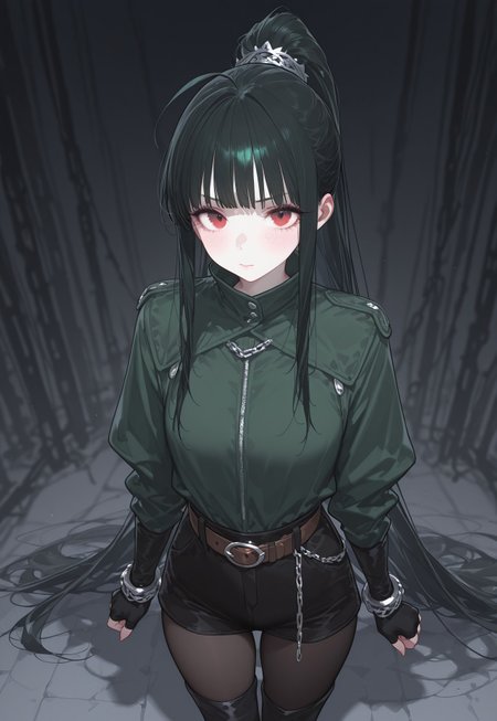 very awa, masterpiece, good aesthetic, best quality, absurdres,  hyper details, beautiful, gorgeous, very awa, masterpiece, good aesthetic, best quality, absurdres, looking at viewer, 

Realistic Hentai Style, realistic clothing, detailed clothing, ultra HD clothing, hyper realistic clothing, 

bushy eyelashes, thick eyelashes, long eyelashes, blushing, beauty mark, glossy lips, glittery eyeliner, 

bushy eyelashes, thick eyelashes, long eyelashes, blushing, beauty mark, glossy lips, glittery eyeliner, 

Black hair, extremely long hair, straight hair, long sidelocks, straight sidelocks, messy bangs, blunt bangs, hime bangs, blunt hair, princess bangs, ahoge, spiky bangs, high ponytail, extremely long ponytail, crimson eyes, pale white skin, passive expression, long face, narrowed shoulders, narrow face

Long top, high collar, long top that extends past her waist with dark green trimmings, thin brown belt, black boots, black leggings, long fingerless gloves, 

Chain decor clipped to shirt, thick brown belt, silver buckle, black knee socks, black shorts, black fingerless gloves, brown are warmer, 

