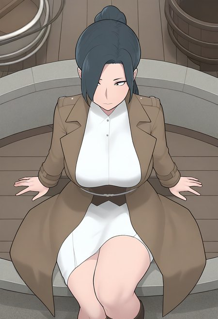 masterpiece, best quality, amazing quality, 1girl, solo, large breasts, Sitting with one hand running through the hair, from_above, Scarle Long coat, spiked hair, ponytail, Jet Black hair, well, cropped_legs, <lora:Illustrous\ntrman_IL:1.0>