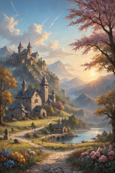 the most beautiful landscape, fantasy, ((very detailed)), sharp focus, sharp background,  best quality, valley, meadow, fountain, peasant village, stunning nature environment, (bright sunny sky), high contrast, cinematic (lights), backlight, shadows, lens flare, vibrant colors, colorful, Gainsboro Gray flowers and leaves,  <lora:add-detail-xl:1>  <lora:Better Blur Control:1>