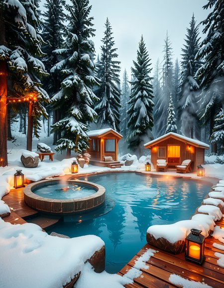 A breathtaking Nordic spa in the heart of a snowy forest, surrounded by tall evergreen trees. The scene captures a steaming outdoor hot pool with crystal-clear water, reflecting the soft glow of ambient lighting. A rustic wooden cabin with a snow-covered roof stands nearby, serving as a relaxation area. Wooden lounge chairs with neatly folded white towels are placed around the pool. A stone pathway, lightly dusted with snow, leads to the water, illuminated by warm, soft lanterns. A few people are seen enjoying the spa, some wrapped in cozy robes while others relax in the steaming water. The atmosphere is serene and tranquil, with mist rising from the hot pool, contrasting with the cold winter air. The lighting is warm and inviting, creating a perfect balance between natural beauty and luxurious comfort.
<lora:SDXLFaeTastic2400:0.4> <lora:extremely_detailed:0.4> extremely detailed, <lora:Nordic_sp4:1>,Nordic sp4, Masterpiece,best quality,hi res,8k,hi res,8k,award winning,(sharp focus, intricate, highly detailed),