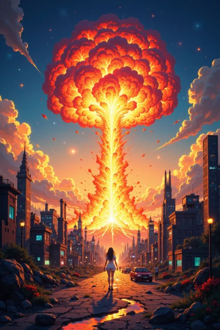 an atomic nuclear explosion in the middle of the city beautiful anime landscape, golden hour, woman, very intricate, very detailed, sharp, bright, colorful, <lora:Hand v2:0.5> <lora:Anti-Blur:1><lora:Insane Detail Slider:0.25>  <lora:flux.1_lora_flyway_Epic-detail_v2:0.3> <lora:fluxenhancer:0.25> <lora:ROWER:0.6> <lora:flux-charmer-v1-1:0.4> <lora:Colorful_Fantasy_Art_for_FLUX:1> fantasy art