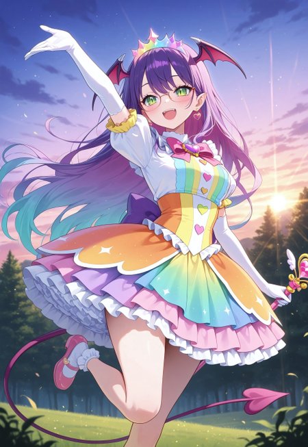 1girl, Lina Purple, purple hair, green eyes, slit pupils, succubus girl, glasses, succubus tail, long hair, multicolored hair, gradient hair, masterpiece, best quality, absurdres, medium breasts,
(pastel colors, pastel blue, pastel orange, pastel green, pastel purple), pastel rainbow magical girl, padded magical girl dress, kawaii, frilled skirt, thighhighs, padded pastel rainbow dress, multilayered dress, petticoat, padded dress, puffy short sleeves, elbow gloves, rainbow tiara, gem brooch, large bow, ribbons, lace trim, frills, satin, sparkles, glitter, heart earrings, rainbow accessories, jewelry, bobby socks, frilled mary janes,
lipgloss, eyelashes, blush, light makeup,  
outdoors, nature, clouds, sunset,
solo, feet out of frame, standing on one leg, happy smile, one arm up, holding magical girl wand, heart scepter,
intricate, highly detailed, majestic, shallow depth of field, movie still, circular polarizer, light reflections, light particles, particles, sun rays