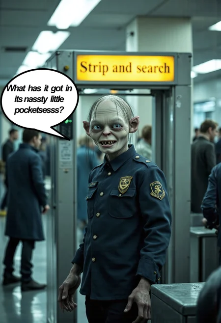 A photorealistic image of Gollum from The Lord of the Rings dressed in a TSA uniform, standing alone in an airport security checkpoint. Looking at the viewer with a mischievous, almost sinister expression, as if he is relishing his role. The TSA logo is prominently displayed on his uniform. Behind him, a walk-through metal detector is visible, along with a prominently displayed sign that reads, 'Strip and search' in bold lettering. The sterile, fluorescent lighting typical of an airport security area illuminates the clean, metallic surroundings and casts sharp shadows, emphasizing the unsettling yet humorous atmosphere. A speech bubble emerges from Gollum's mouth which reads "What has it got in its nassty little pocketsesss", adding an extra layer of intrigue and dark humor to the scene