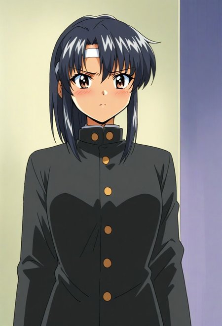 score_9, score_8_up, score_7_up, source_anime,  masterpiece, best quality, amazing quality, very aesthetic, absurdres, anime coloring, retro anime style, 1990s, office,
BREAK
RyoKaren, 1girl, solo, tan, black hair, ponytail, blush,  gakuran, white gloves, white bandana, white headband, standing, serious