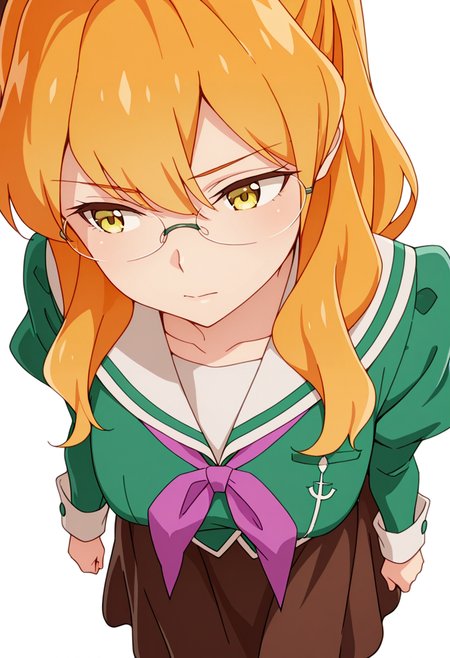 masterpiece,high quality details,absurdres, 
 <lora:Chibana_Sumika:0.8>
sumika_cnr, 1girl, orange hair, long hair,blonde hair, yellow eyes,
sumika_s1,green shirt, white sailor collar, serafuku,long skirt, brown skirt, juliet sleeves,pantyhose, loafers, glasses,, simple background, white background, from above,solo,, :i,