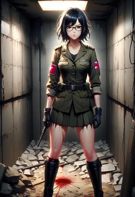 FFROA, full body, 1girl, tomie kawakami as a soldier, perfect face, black gloves, torn ss uniforms, black messy hair, glasses, blood on uniforms, black leather boots, standing in the bunker,