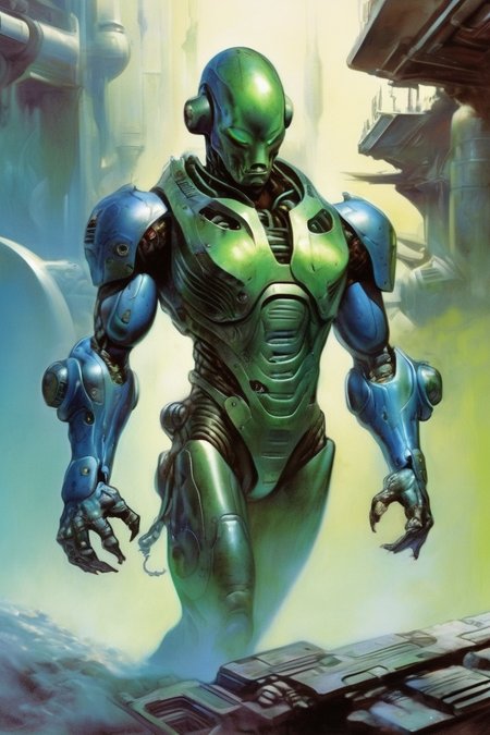 full body photo of a war android, inside industrial spaceship, futuristic science fiction, futuristic theme, muscular, industrial blue and green theme, action scene, digital concept art, realistic, intricate detailed textures, filmic, cinematic, environmental character portrait  <lora:Fantasy_art_XL_V1:0.75> stunning fantasy art by boris vallejo