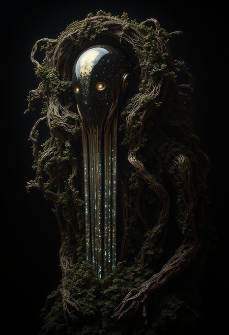 A grotesque cyborg lurks in the shadows, its twisted form composed of tangled, living plant vines intertwined with shimmering crystal rods, exuding an aura of silent dread. Its featureless, polished face reflects faint, distorted images of glowing circuitry, evoking omniscience and foreboding. The scene is dark and atmospheric, with faint light glinting off the crystalline rods and casting eerie patterns. Despite its serene, almost angelic posture, an unshakable unease fills the air, as though the entity harbors an unfathomable truth, blending nature and machine into a surreal and haunting creation