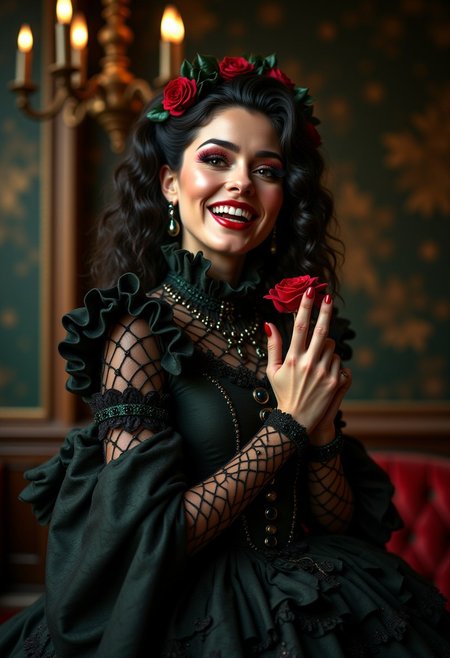A stunning ultra-realistic full body photo of a captivating nymphomanic Victorian duchess, who is a sorceress that manipulates time and fashion. she is laughing exaggeratedly. She confidently gazes at the viewer, exuding an air of elegance and magnificence. The duchess is dressed in an extravagant, high-collared gown adorned with frills, underneath which she wears fishnet stockings. she has an Exaggerated make-up with red eyeliner, green mascara and brillant red lipstick. Her flirtatious demeanor and impeccable fashion sense reflect the glamour of the Victorian era. The overall ambiance of the image is a blend of enchantment, sophistication, and allure.