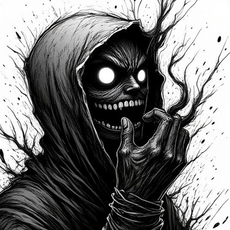 The ghost's corrupted form hovers threateningly, defined through harsh crosshatching and aggressive screentone patterns. Distorted shadows twist around its form like living darkness. The background features chaotic, violent sketch lines and oppressive shadow shapes. 