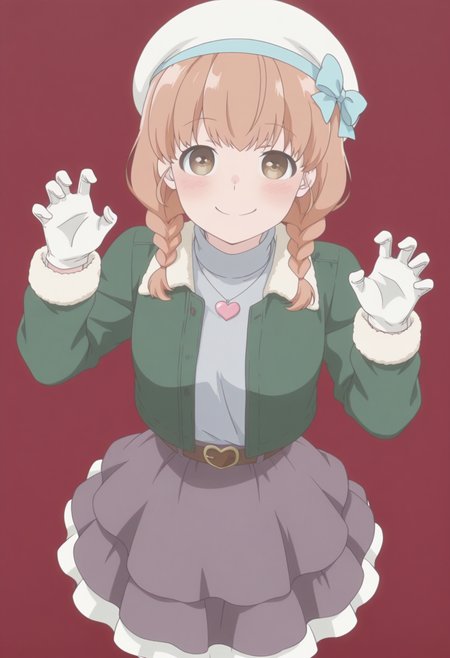 anime screencap, anime coloring, <lora:DX888Momoko:1>  sudou momoko, brown eyes, medium hair, twin braids, BREAK simple background, red background,  BREAK  belt buckle,  fur-trimmed gloves, fur jacket, fur trim, gloves, hat ribbon, heart necklace, layered skirt, grey shirt, skirt, turtleneck shirt, white gloves, white hat, green jacket, grey skirt BREAK     1girl, blush, claw pose, cowboy shot, from above, hands up,  looking at viewer,  smile, solo, standing,