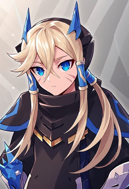 ((masterpiece)), studio quality, extremely sharp detail, finely tuned detail, 8k, epic composition,
Blade(No Mask),1 girl, solo, blond hair,long hair, low ponytail, blue eyes, sharp eyes, slanted eyes, hair tube, hair between eyes,facial scar, bangs, headgear,