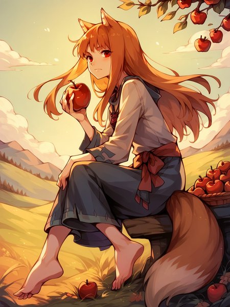 score_9, score_8_up, score_7_up, score_6_up, score_5_up,   <lora:HoloXLP:1> holo, 1girl, wolf ears, long hair, solo, red eyes, ginger hair, wolf tail, apple, barefoot