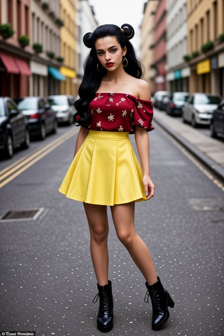 <lora:LCM_LoRA_Weights_SD15:1>,<lora:detail_slider_v4:1.1>,(rhythmic rumba dancer) 21year old adult <lora:DBZ_Videl_v1:0.6>,videl,1girl,(blue eyes:1.1),(black hair:1.1),(twintails:1.1),(long hair:1.1),Extremely muscular body build, ,, british, ebony Tan skin, wearing a yellow off-shoulder blouse, tiered skirt, character shoes, bold red lipstick, ruffled arm bands, set in a quiet cobblestone street, with dancers performing, street lamps casting a warm glow, under the moonlight, starry weather, during summer, in the afternoon, Looking over the shoulder, small breasts,(full body:1.3),(full shot:1.3),(wide shot:1.3),(full body portrait:1.3),top down:1.1,Psychobilly fashion style, combines elements of rockabilly, punk, and retro influences, characterized by bold prints, vintage-inspired clothing, and edgy accessories, promotes a rebellious and retro aesthetic, encourages individuality and creativity,