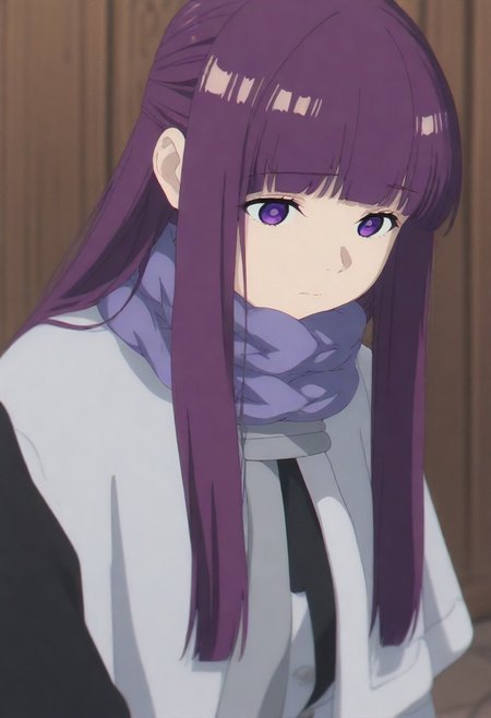 masterpiece, best quality, amazing quality,,, shiny skin,,,,,,, <lora:Fern:1> f3rn, fern (sousou no frieren), long hair, purple hair, blunt bangs, sidelocks, straight hair, purple eyes,, capelet, white capelet,white dress, black coat, purple scarf,