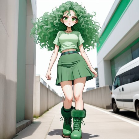Manga. Woman wearing a green skirt and top and chunky boots with very long curly eyelashes. Manga with bold smooth outlines and subtle shading with vivid colour. <lora:eyelashes:1>