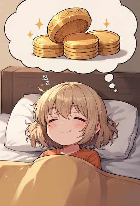 rating_safe, score_9, score_8_up, score_7_up,  source_anime,  cute girl,  smile, dreaming, sleeping, head on pillow, in bed, dreaming of golden coins, thought bubble