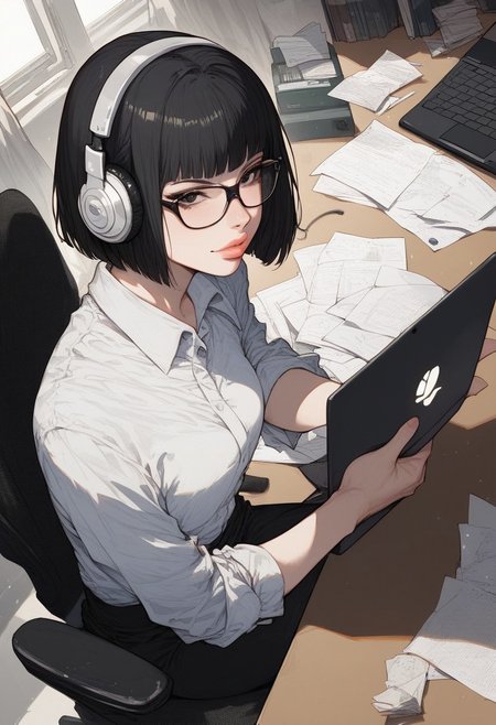 score_9, score_8_up, score_7_up, score_6_up, rating_questionable, 1girl, short hair, bob cut, black hair, black glasses, Asian eyes, black eyes, small breasts, slim, white skin, beautiful lips, street style clothing, HD32k, perspective, relaxed face, (work office), headphones, laptop, messy desk, papers, stationery tools, smartphone
((Working:1.3)),