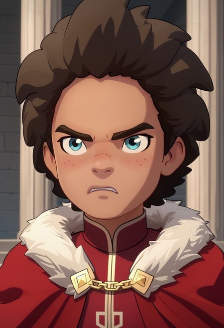 Score_9, Score_8, Score_7, TDPStyle, Ezran, Young, Young Ezran, King Outfit, Fur Trimmed Cape, Gold Diadem, Blue Eyes, bust shot, determined face, stone pillars,