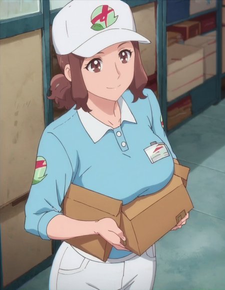 score_9, score_8_up, score_7_up, anime screencap, solo,1girl,  hat, brown eyes, brown hair,baseball cap, shirt, white headwear, blue shirt,cowboy shot,holding box,large breasts, smile,<lora:hanaderayasuko:0.8>