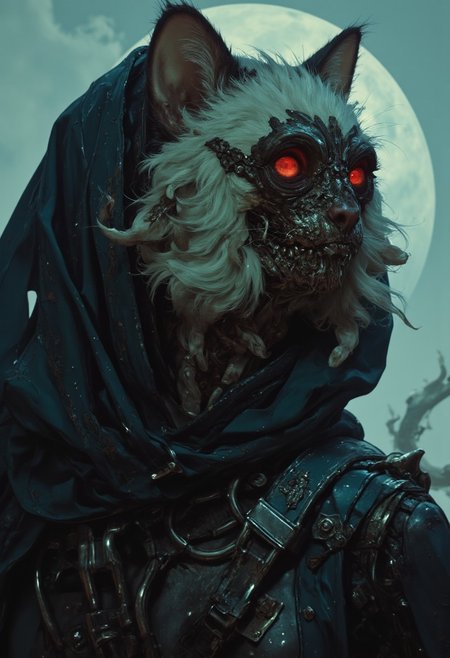S1n0z1ck style, a highly detailed photo portraying a haunting undead feline witch in an extreme close-up. Cloaked in a dark cowl that nearly conceals its decayed, spectral face, the cats’s matted, pallid fur is rendered with an eerie realism that underscores its grotesque transformation. Its eyes, faintly aglow beneath the shroud, hint at a once-living spirit now twisted by decay. A masterful interplay of lighting intensifies the scene’s macabre atmosphere. Sparse, cold shafts of moonlight pierce the pervasive gloom, casting sharp, dramatic shadows that accentuate every textured detail of the creature’s deteriorating fur and the corroded, futuristic elements of its sci‑fi armor. This chiaroscuro effect not only highlights the subtle contours of its form but also creates an otherworldly ambiance, where each shadow seems to whisper secrets of the undead. Emerging from the mole’s withered form, numerous translucent earthworms writhe like parasitic tentacles. Their gelatinous bodies catch the scarce light, refracting it into soft, iridescent hues that contrast starkly with the surrounding darkness. The subtle glow of these spectral worms adds a surreal, almost hypnotic quality to the scene, as if they are the dark puppeteers controlling the creature from within. A light, misty fog blankets the background, further deepening the sense of desolation and despair.