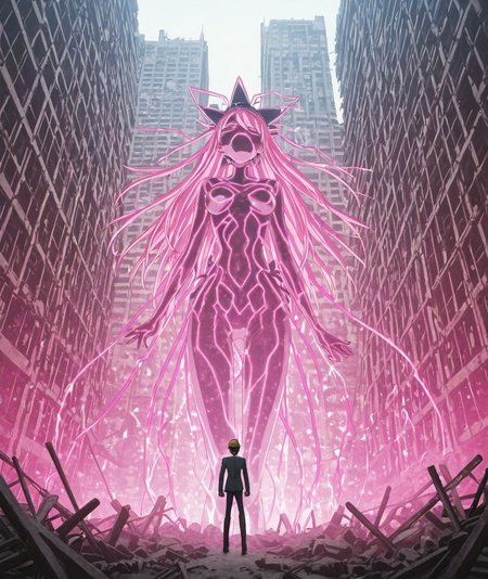 masterpiece, best quality, absurdres, <lora:anime_screencap-IllustriousV2:1>, anime screencap, anime coloring, 2d, anime style ,   This is an anime screencap from Danganronpa 3.  , <lora:Devil_Survivor_Megaten_Megapack:0.4> , From behind , Atmospheric perspective , henohenomoheji  , 1boy, black_frost,demon_(megami_tensei),devil_survivor_(series),devil_survivor_1,megaten , construction_site, tokyo_urban_development, crane_abandoned_mid_lift, concrete_mixers_overturned, hard_hats_scattered, building_blueprints_demon_modified, magical_girl_construction_worker_outfit_elements, pink_energy_construction_barriers, transformation_work_site, costume_industrial_aesthetic, magical_building_enhancement, supernatural_architecture_modification, reality_construction_tools, dimensional_foundation_work