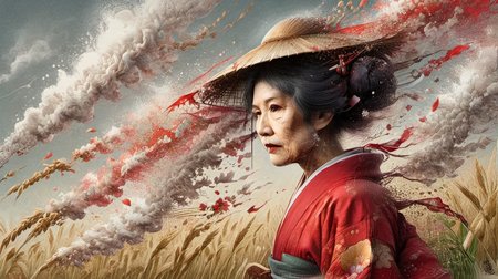 ral-dissolve calligraphyinkstyle of an old japanese woman in a rice paddy wearing a red kimono dissipating into millions of pieces in the wind  <lora:InkArtXL_1.1:1>  <lora:ral-dissolve:1>