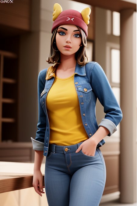 <lora:Skye_75Koto_DB:0.5>, 1girl,  xyzskye, (realistic:1.5), 3d, render, beanie, lips, big eyes, looking at viewer,  brown hair, beautiful face, blue eyes, octane render, standing, cowboy shot, yellow shirt, jacket, black pants