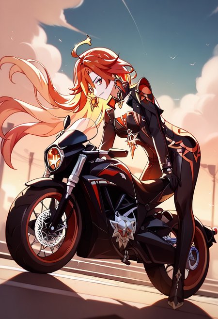 score_9_up, score_8_up, score_7_up, extreamly detailed, beautiful detailed face, complex detailed background, 1girl, BREAK,  MAVUIKA (GENSHIN IMPACT), Motorcycle suit, Motorcycle
