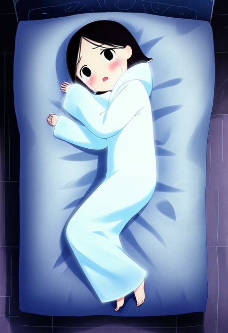 zPDXL3, source_cartoon, Perfect Hands, full body,
1girl, solo, bedroom, looking at viewer, saoirse, black hair, black eyes, blush, ghost, hood up, robe, barefoot, glowing, lying on bed, from above, lying on side, facing at viewer, feeling cold, eyes open, crying sadly, open mouth, sleeve past wrist, slim body, long body, highlight cloth wrinkle, anime style,
<lora:Perfect Hands:1>  <lora:Saoirse_-_The_Song_of_the_Sea-000009:1>