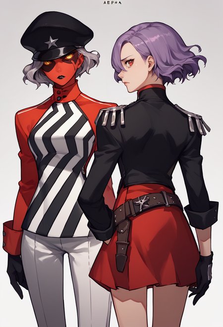 score_9, score_8_up, score_7_up, source_anime, 2girls, cowboy shot, BREAK
1girl, <lora:zs_ErnestoXL:0.97> ernestop5t, colored skin, red skin, yellow eyes, short hair, grey hair, hat, striped dress, pants, gloves, black lipstick, parted lips, serious, BREAK
 1girl, looking back, <lora:zs_ErinaXL:0.97> erinap5t, short hair, hair over one eye, purple hair, black jacket, epaulets, belt, red skirt, gloves, sad, looking at you