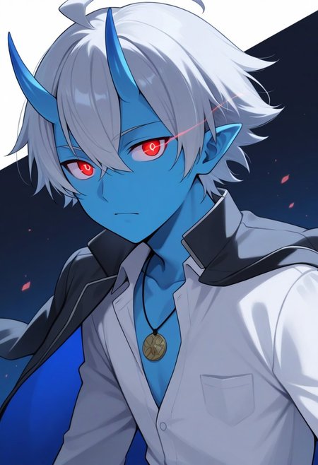 score_9, score_8_up, score_7_up, source_anime, highly detailed, 
Hikigaya Hachiman,
hachi, 1boy,  colored skin, deep blue skin, school uniform, male focus, ahoge, straight horns, icyy-white hair, Oni horns, glowing eyes, white shirt, jewelry, necklace, jacket on shoulders
BREAK