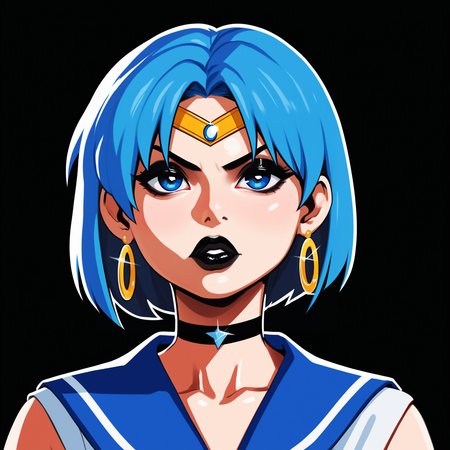 score_9, score_8_up, score_7_up, score_6_up, score_5_up, score_4_up,
BREAK
sailor mercury, blue hair, short hair, blue eyes, circlet, black eyeshadow, black eyeliner, long eyelashes, black choker, black lips, thick lips, bimbo lips, big lips, pout, half-closed eyes, hoop earrings, bags under eyes, looking at viewer,
BREAK
solo, portrait, blue serafuku, blue sailor collar,
BREAK
black background, simple background, angled shot, realistic, shiny skin, modeseven, <lora:Lunas-Modeseven-SDXL-A3:1>