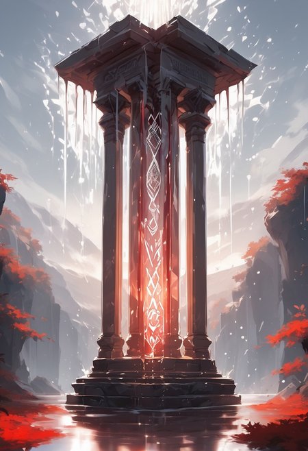 (masterpiece), best quality, Symphtia-Style, Anime, (Floating Diamond, Dripping Liquid), White Background, No Humans, White and Red Theme, (Ancient Runes, Glowing Runes, Light Refraction), Above A Pillar, Symphtia-Style, Zyrnox-Exoterra Style