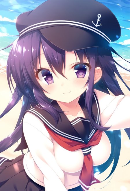 score_9,score_8_up,score_7_up,source_anime,anime, BREAK, 
mitsumomo style, 
(cute),1girl, akatsuki, (medium breasts), purple hair, long hair, hair between eyes, purple eyes, 
serafuku, flat cap, black sailor collar, black skirt, long sleeves, neckerchief, sailor collar, 
smile, 
any pose, head tilt, 
outdoors, shiny light, beach,