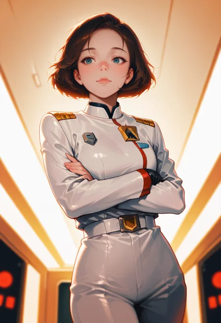 8K, depth of field, focused subject, dynamic angle, best quality, detailed eyes, perfect eyes, realistic eyes,  
 <lora:cospl4_by_readandsign_v3:0.85> gr43po
hcarolin, a woman in a white suit standing in a room with lights on the ceiling and a circular light behind her, Star Trek setting, retrofuturism, freckles, crossed arms, masterpiece, best quality,