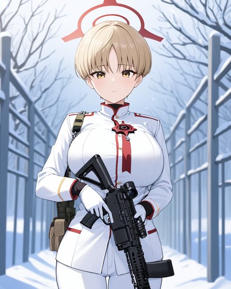 marina \(blue archive\),1girl, solo, white_gloves, parted_lips, white_jacket, long_sleeves, looking_at_viewer, white_pants, halo, large_breasts, rifle, bare_tree, chain-link_fence, outdoors, blurry_background, snow, military_uniform
<lora:marina_(blue_archive)_image369_2023-11-28-000020:1>halo. gorgeous,key visual, vibrant, studio anime,award-winning, professional, highly detailed,high budget, cinemascope