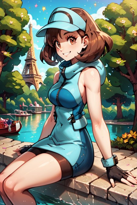 score_9, score_8_up, score_8, medium breasts, (curvy), cute, eyelashes,      ,  zzAceSM, brown eyes, brown hair, medium hair, visor cap, fingerless gloves, sleeveless, hat, black gloves, bike shorts, blue headwear,  ,  <lora:AceTrainerPokemonSM_PDXL:1.0>,  BREAK, zzEiffelTower in background, sitting, watercraft, boat, sitting on wall, side view, looking at viewer, smile, ,,, BREAK, blooming stars, luminescent petals, otherworldly fragrance blurry background, ,,, embedding:zPDXL, Expressiveh, ,,, <lora:EiffelTowerPDXL:1.0>, <lora:CatalystStylePDXL:0.6>, <lora:SDXLFaeTastic2400:0.5>, <lora:Expressive_H-000001:0.4>,