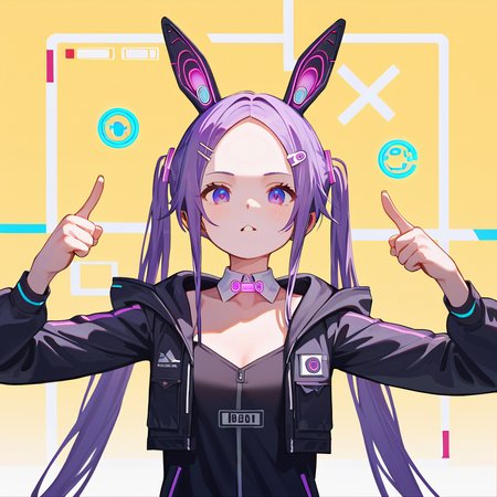 (nsfw:1), (Uncensored:1),
score_9, score_8_up, score_7_up, score_6_up, very detailed illustration,
 <lora:LoChan_Pony_V1:0.9>purple eyes, forehead, purple hair, long hair, twintails, rabbit ears, rabbit hairpin, 
detached collar, bowtie, choker, bare shoulders, 
cyber pank, what, Neon lights, neon signs, holographic interface, neon trim, hologram, gameplay mechanics,  science fiction, laser, 
(((yellow background, simple bacground,,white background, simple bacground,,)))
face close-up, Thumbs up,
((black jacket, hooded jacket,))
