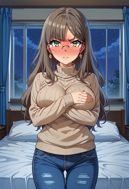 score_9, score_8_up, score_7_up, source_anime, masterpiece, best quality, high quality, highres, cinematic lighting, (solo, front view, closed up face, cowboy shot, bedroom, bed, window, different angles), (Futaba_Rio, brown_eyes, grey_hair, long_hair, large_breasts, rimless_eyewear, simple sweater, brown sweater, blue pants, denim pants, rectangle earrings, covering chest with arms, detail hands, looking at viewer, angry, disgusted, standing, perfect anatomy, anatomically correct hands), (night, Expressiveh, full-face blush, vnbg, modern_bg)