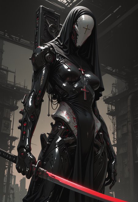 masterpiece,best quality,amazing quality,32k,ultra detailed, 1girl, cybrorg, humanoid, covered face with cyborg mask with engraved cross, big cross pendant, futuristic design, skinny, anthropomorphic creature from steel and chrome, carbon armor as clothes, composite armor, armor joints glow neon red, nun style, holy cyborg, close up, dutch angle, holds one katana in hand, warframe videogame style,hand over handles, hand forward, combat stance, dynamic angle. grunge futurism, dynamic pose, sin city vibes, social dystopia, sinozick_illu, arsmjstyle, <lora:Sinozick_style:0.65> <lora:HyperdetailedColoredPencilIl:0.25> <lora:illustriousXL_stabilizer_v1.23:0.35>, <lora:- iLL - the_edgy_mech_V2.0-:0.5>