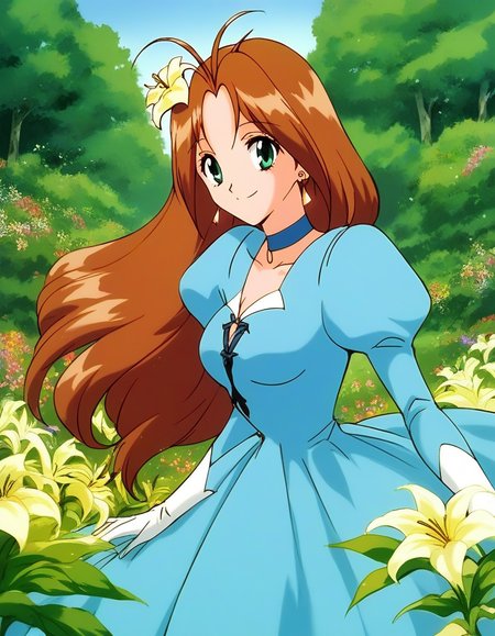 score_9, score_8_up, score_7_up, source_anime, rating_explicit, BREAK <lora:Tanima_Yuri_XL:1>Tanima_Yuri, 1girl, solo, long hair, brown hair, green eyes, antenna hair, breasts, 1990s (style), smile,
light blue dress,  lily (flower), 
hair flower, hair ornament, jewelry, gloves, tree, blue dress, long sleeves, earrings, outdoors, choker, puffy sleeves, looking at viewer, gown