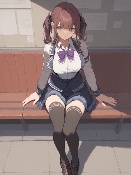 score_9,1girl,solo,thighhighs,twintails,black thighhighs,white shirt,shoes,loafers,bowtie,collared shirt,brown hair,hair ribbon,blue skirt,purple bowtie,hair ribbon,black ribbon,medium hair,mole,mole under eye,medium hair,<lora:xshl:1>,blazer,large breasts,sitting,looking at viewer,