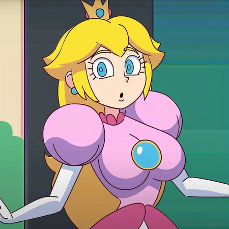1girl, blonde hair, long hair, crown, blue eyes, large breasts, narrow waist, wide hips, looking at viewer, highres, high quality, masterpiece,  <lora:Princess_Peach_Star_Bomb_version:1>