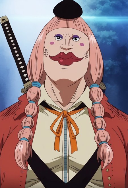 CharlotteLolaOP, 1girl, solo, chubby, long hair, pink hair, bangs, black hat, two pigtails, braids, black eyes, nose, shiny red lips, blush stickers, large head, teeth, one missing tooth, makeup, large breast, large belly, red coat, light green clothes, collar, neck ribbon, shoes, bandages, weapon, katana, weapon on back,
seductive pose, sexy pose, tease,  in the spotlight,,
smile,   jojo reference, 
score_9, score_8_up, score_7_up, beautiful aesthetic, very intricate, high quality details,vibrant, highly detailed, award-winning, professional,anime artwork, anime style, studio anime, athletic, curvy body, athletic girl, perky tits,large breast,perfect tits, round breasts, nipple outline,looking at viewer, pinup pose,teasing, dynamic lighting, cinematic, smug, better than you, aura of temptation, highly detailed, high resolution, masterpiece, detailed clothes, detailed background, highly detailed, ((sound effects)) comic layout,