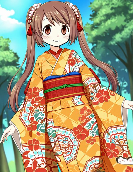 masterpiece, best quality, newest, absurdres, highres, safe, 1girl, yui tsuruno \(haregi costume\), magia record: mahou shoujo madoka magica gaiden, twintails, smile, solo, day, outdoors, dutch angle, <lora:yui_tsuruno_noobaiXLNAIXL_vPred10Version:0.7>