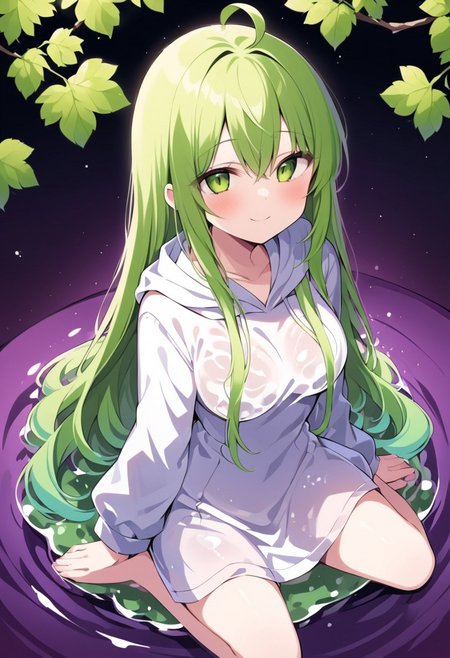 (masterpiece), (score_9, score_8_up, score_7_up,source_anime), 4K8K, best quality, high res image, illustration, Uncorrected, CG, 
(girl view from above. look-doen angle:1.3), from behind, peeping Cleavage, 
1 woman sitting on a giant white grape slime, pretty white slime, (lot of white grape cubes around woman), (hair over breasts, long hair, hair censor:1.4), twinkle grape cube, 
slime, slime like a white grape, white grape slime, see-through slime, 
BREAK
medium breasts, 
(gradient hair, green hair, very long hair, Bangs covered eyes, ahoge, hair over breasts, hair censor), 
(hair blind eyes, half opened eyes, jitome, smile), 
wearing hooded robe, linen dress, culottes, denim short culottes, 
in orchard, fruit orchard, fruits trees,