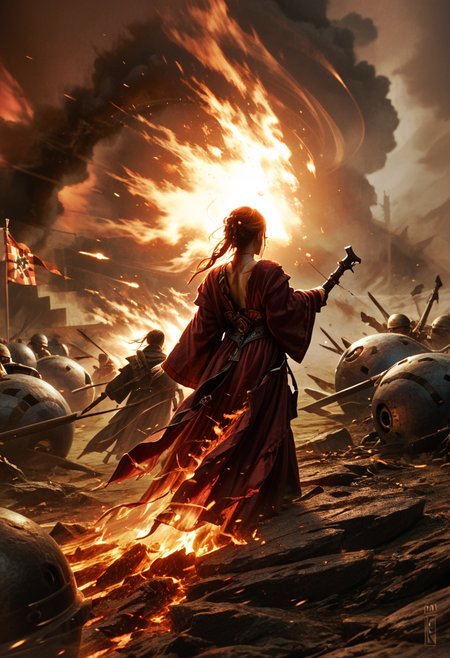 DIMStyle, 1girl, half naked sorcress setting battlefield ablaze, robe half burned away, firestorm, epic fantasy battle, dramatic feel, high detail, high definition, sharp focus, best quality, score_9, score_8_up, score_7_up