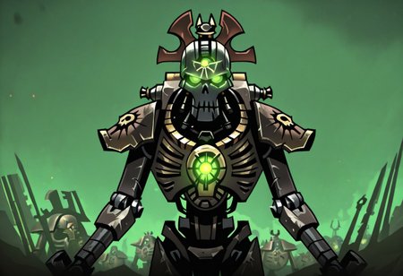 masterpiece, best quality, <break> , solo, 1other, (((necron))), (((glowing))), (((robot))), (((green eyes))), ((warhammer 40000))), 
 looking at viewer, standing, 
(((vanripper))), 
<lora:VanripperIllustriousXL_byKonan:1>